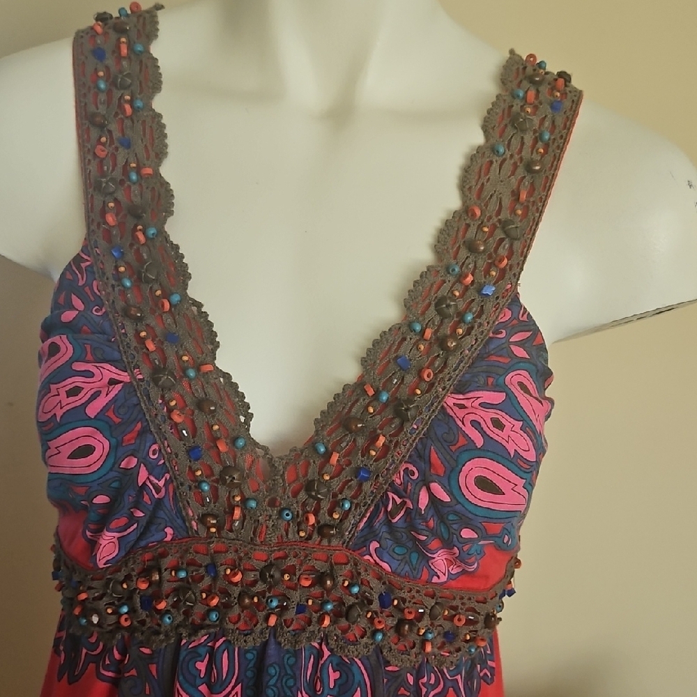 BEAUTIFUL FREE PEOPLE RED, PINK, AND BROWN BEADED TUNIC OR DRESS. NWOT. - Picture 5 of 16